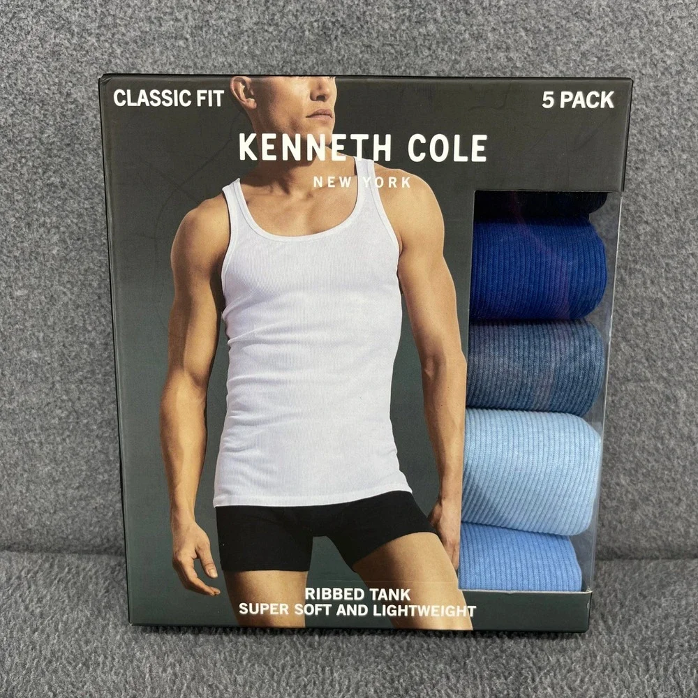 Kenneth Cole Ribbed Tank Men M Blue 5 Pack Classic Fit Soft Cotton Undershirts